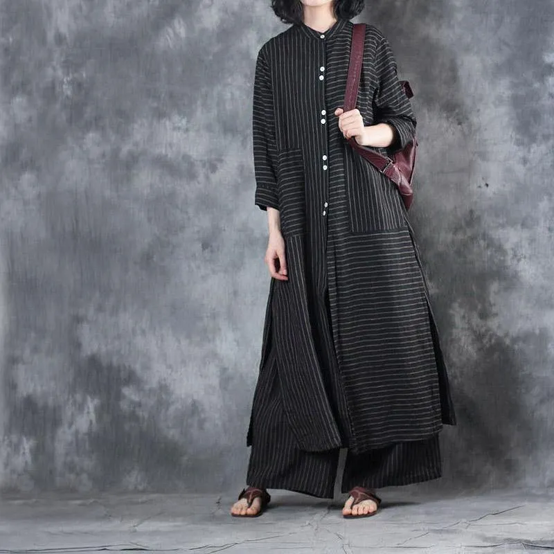 2022 Women Black Stand Collar Linen Long Shirt And Casual Wide Leg Pants Two Pieces