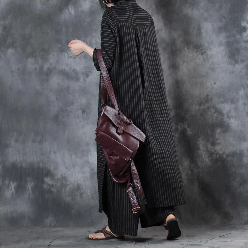 2022 Women Black Stand Collar Linen Long Shirt And Casual Wide Leg Pants Two Pieces