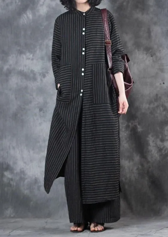 2022 Women Black Stand Collar Linen Long Shirt And Casual Wide Leg Pants Two Pieces