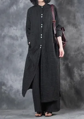 2022 Women Black Stand Collar Linen Long Shirt And Casual Wide Leg Pants Two Pieces