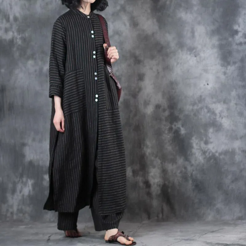 2022 Women Black Stand Collar Linen Long Shirt And Casual Wide Leg Pants Two Pieces