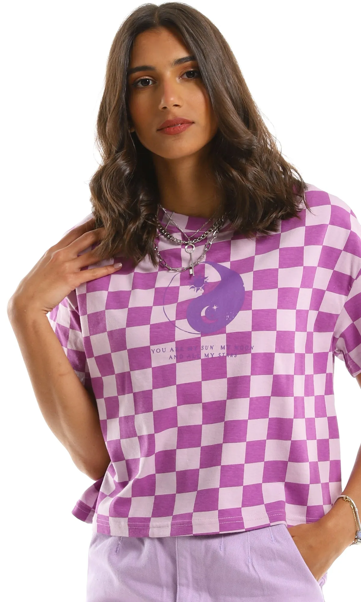 97662 Checkered Purple Oversized Crop Tee