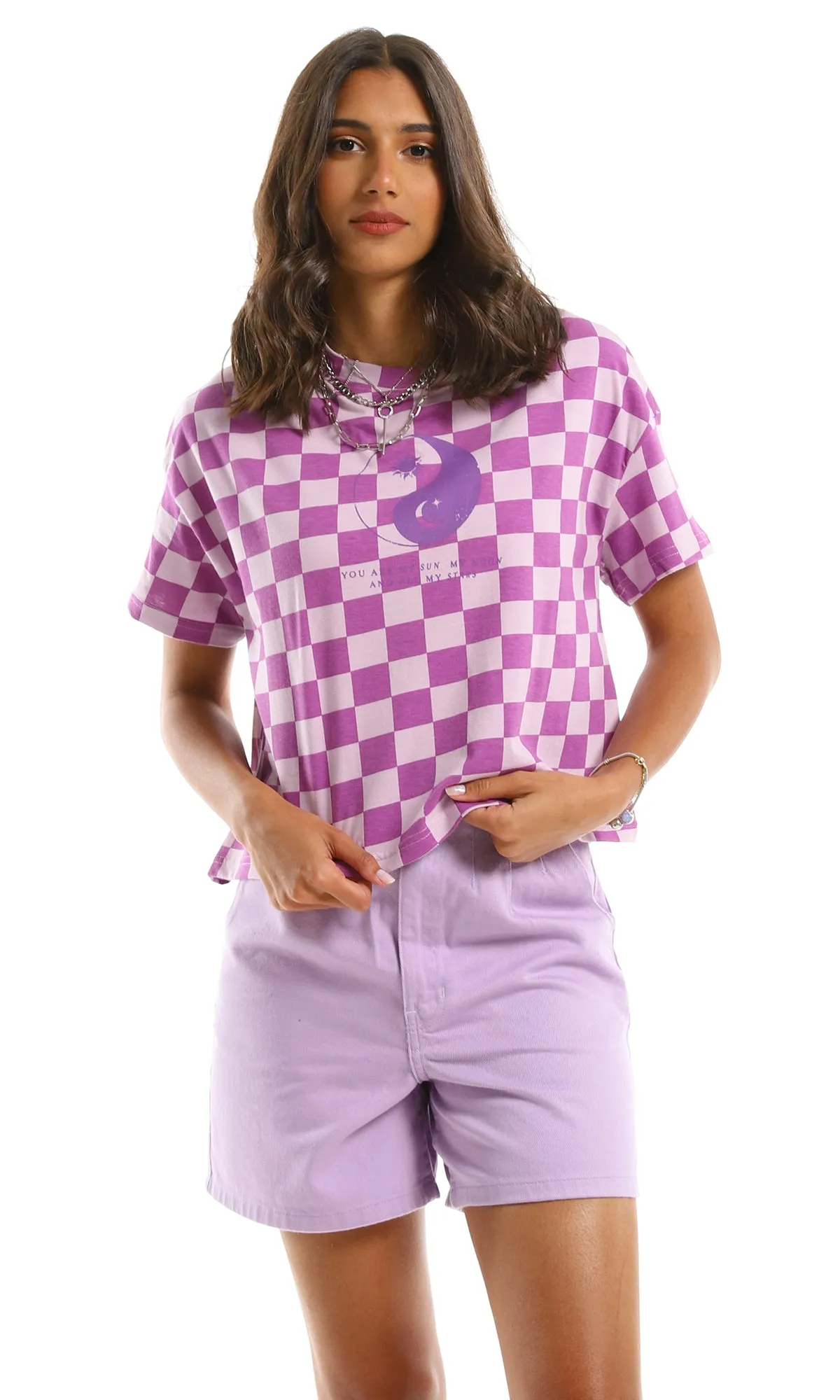 97662 Checkered Purple Oversized Crop Tee