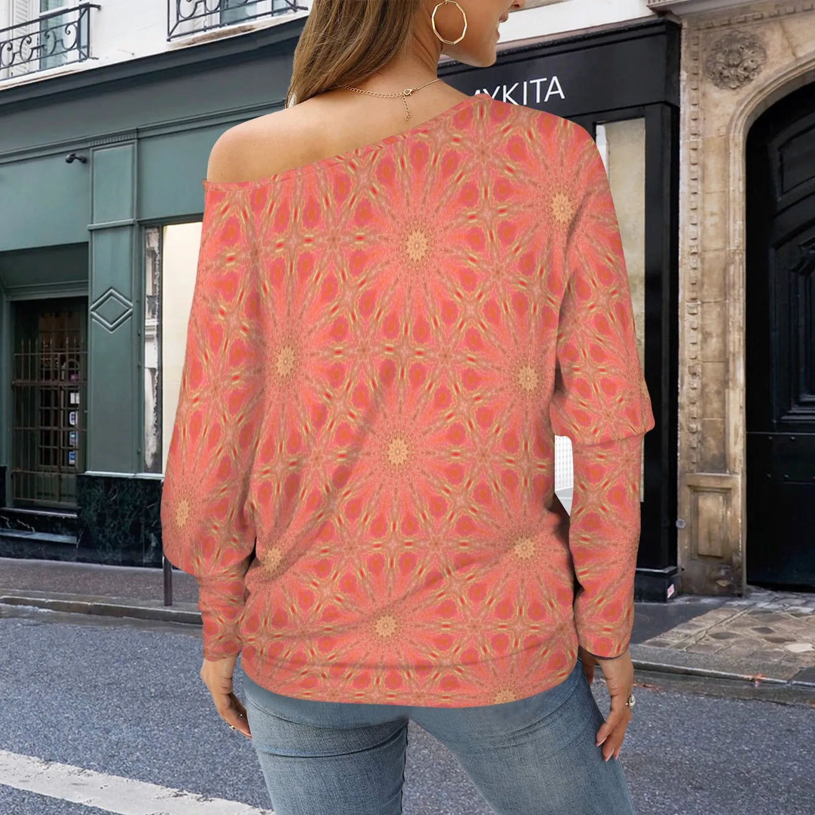 Batwing Long Sleeve Sweater Orange Flowers