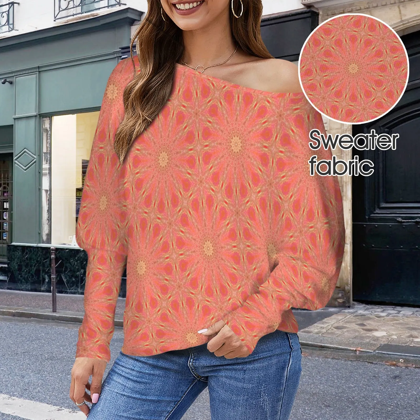 Batwing Long Sleeve Sweater Orange Flowers