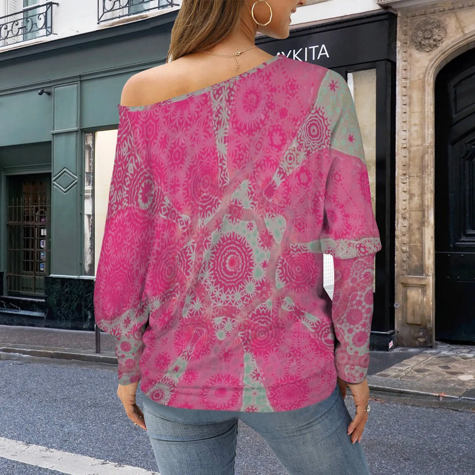 Batwing Long Sleeve Sweater Red Leaves Abstract Watercolor Fuchsia