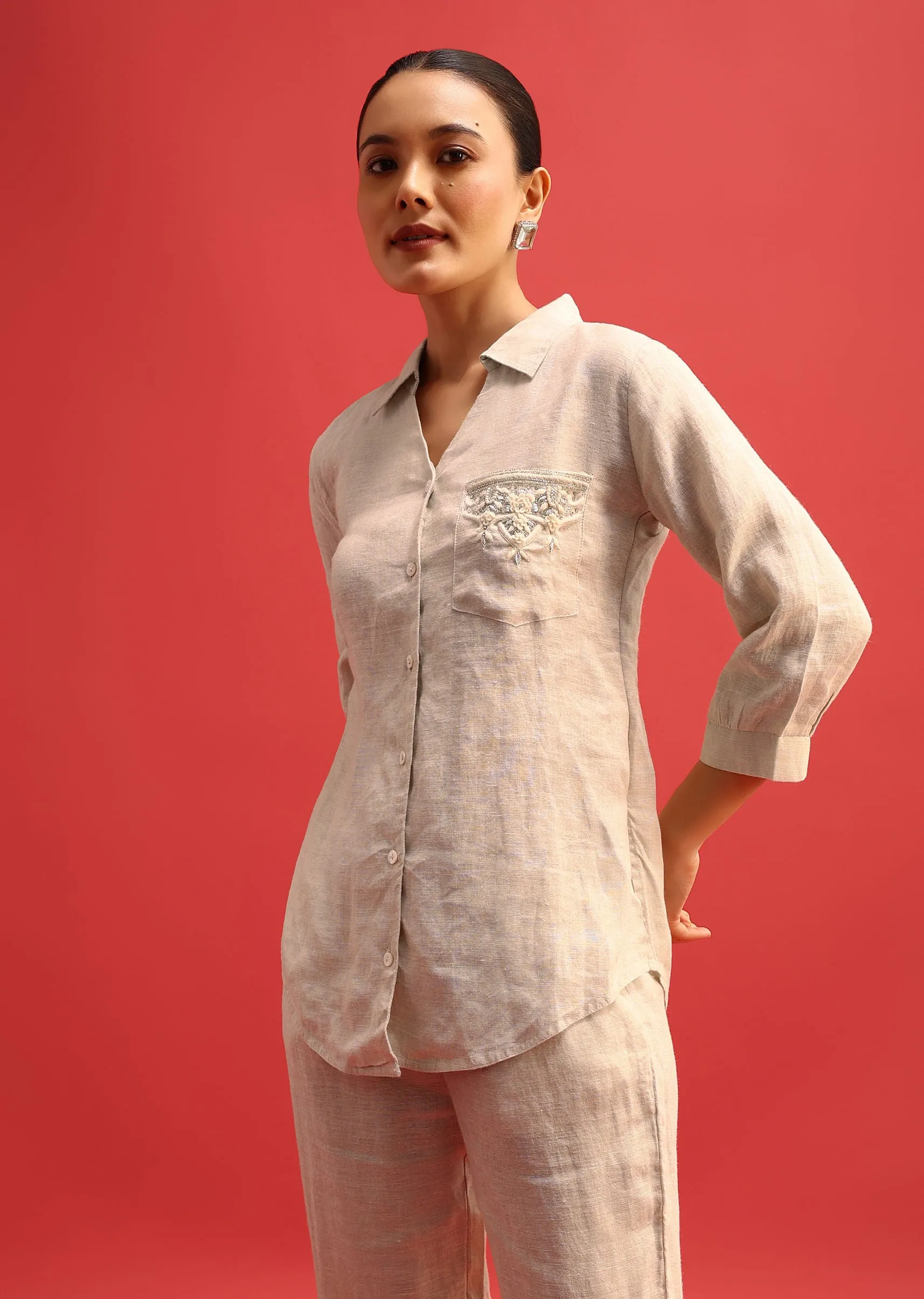 Beige Embroidered Linen Co ord Set