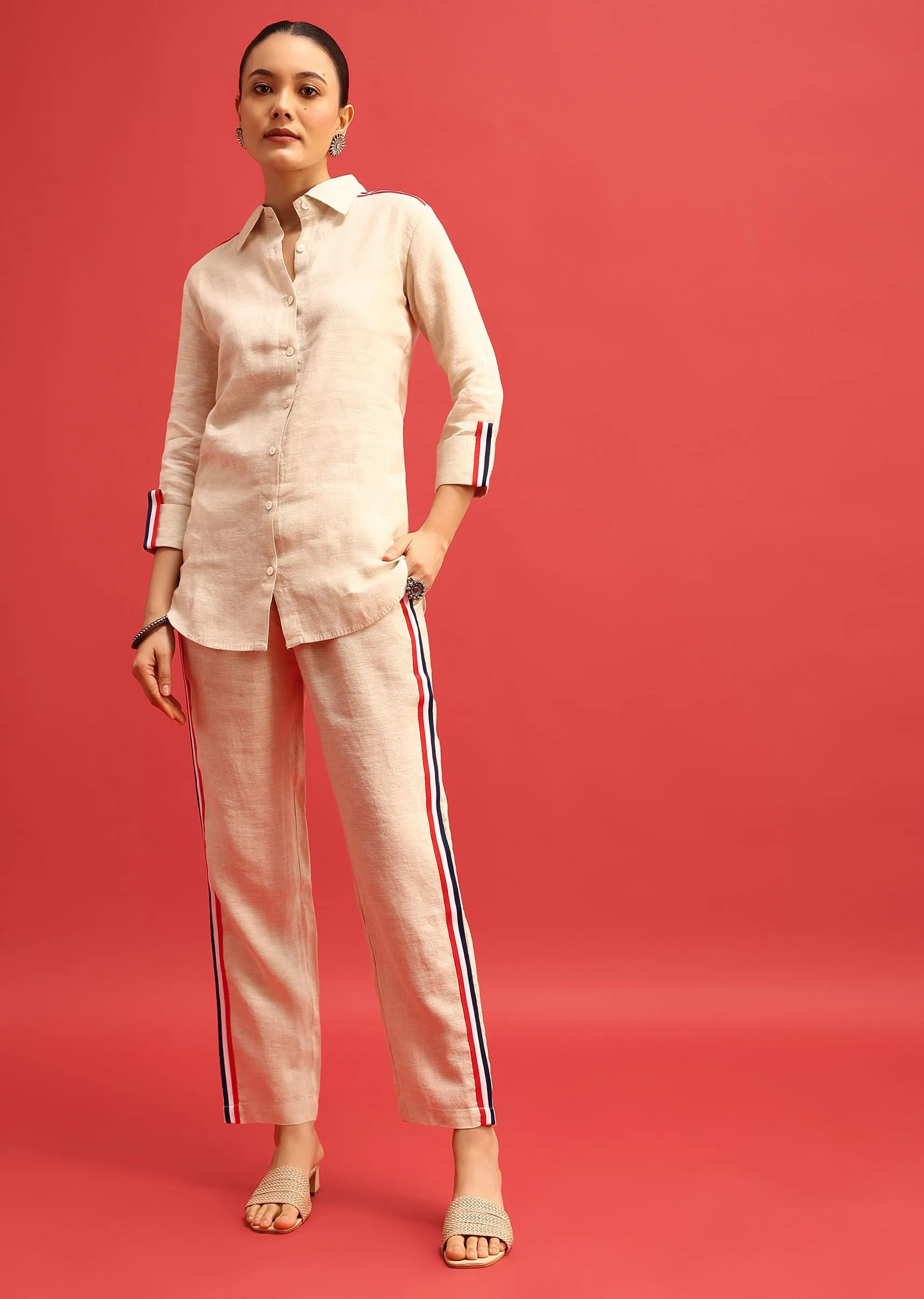 Beige Linen Co ord Set With Patchwork