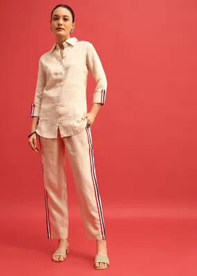 Beige Linen Co ord Set With Patchwork