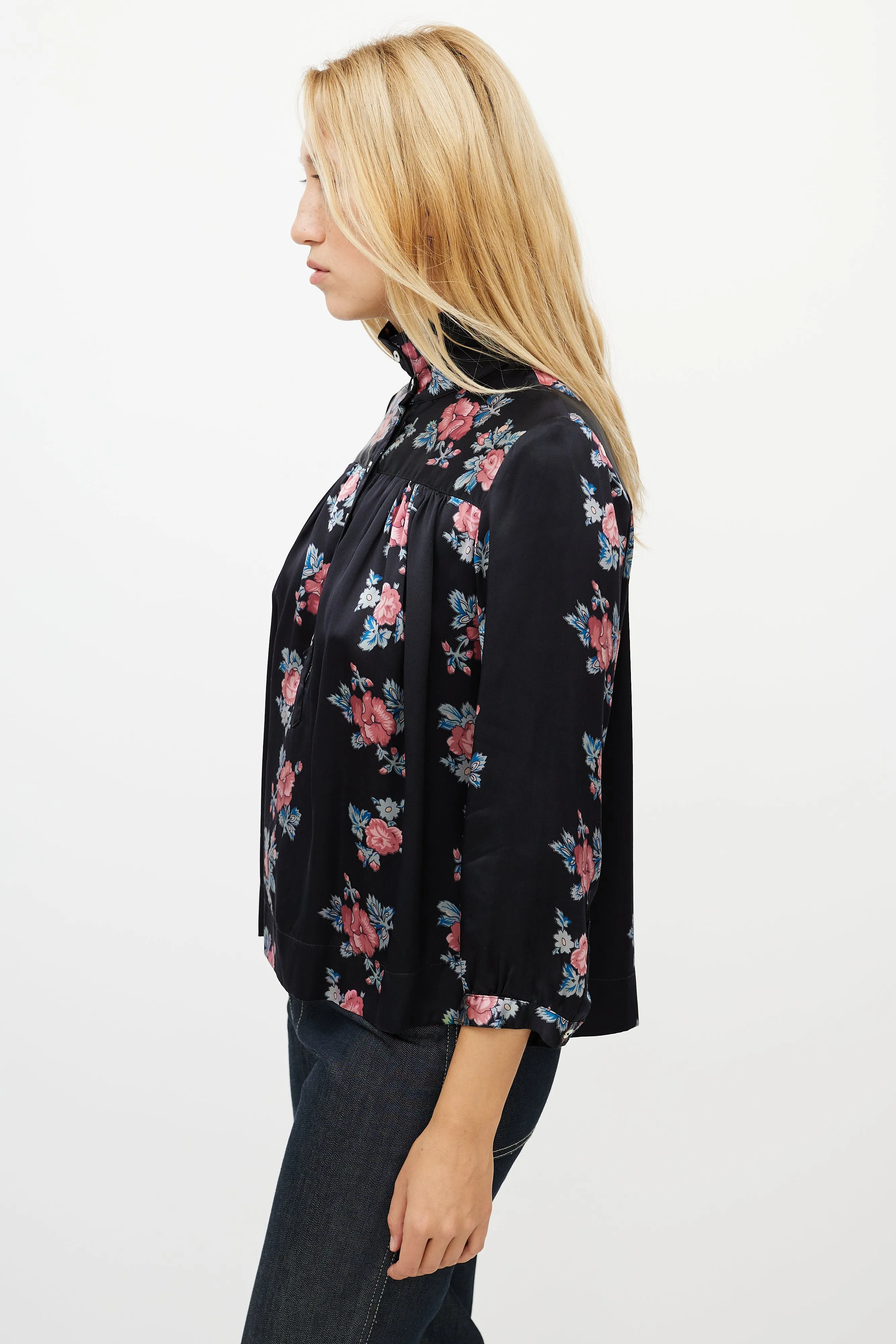 Black & Multicolour Silk Floral Shirt