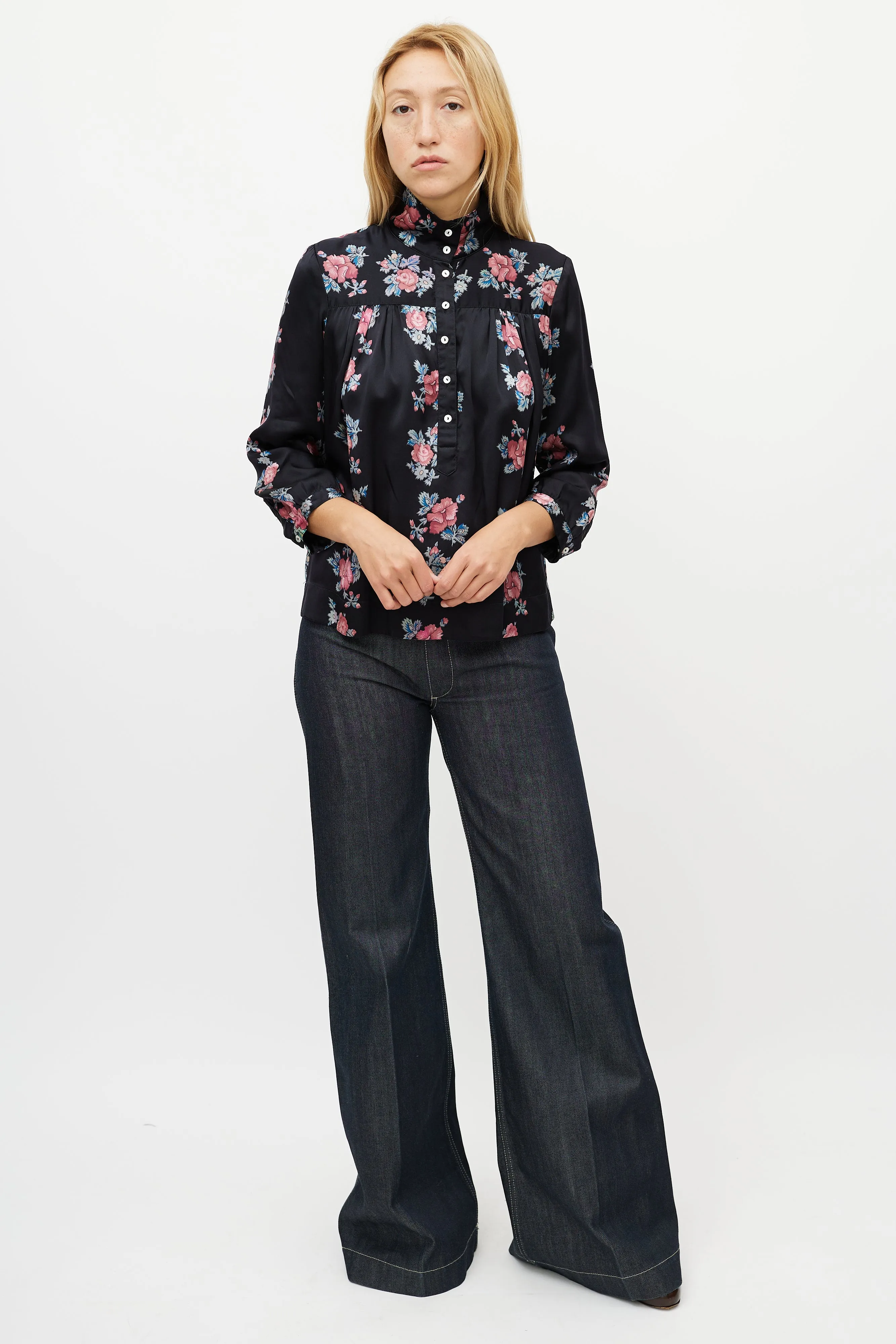 Black & Multicolour Silk Floral Shirt