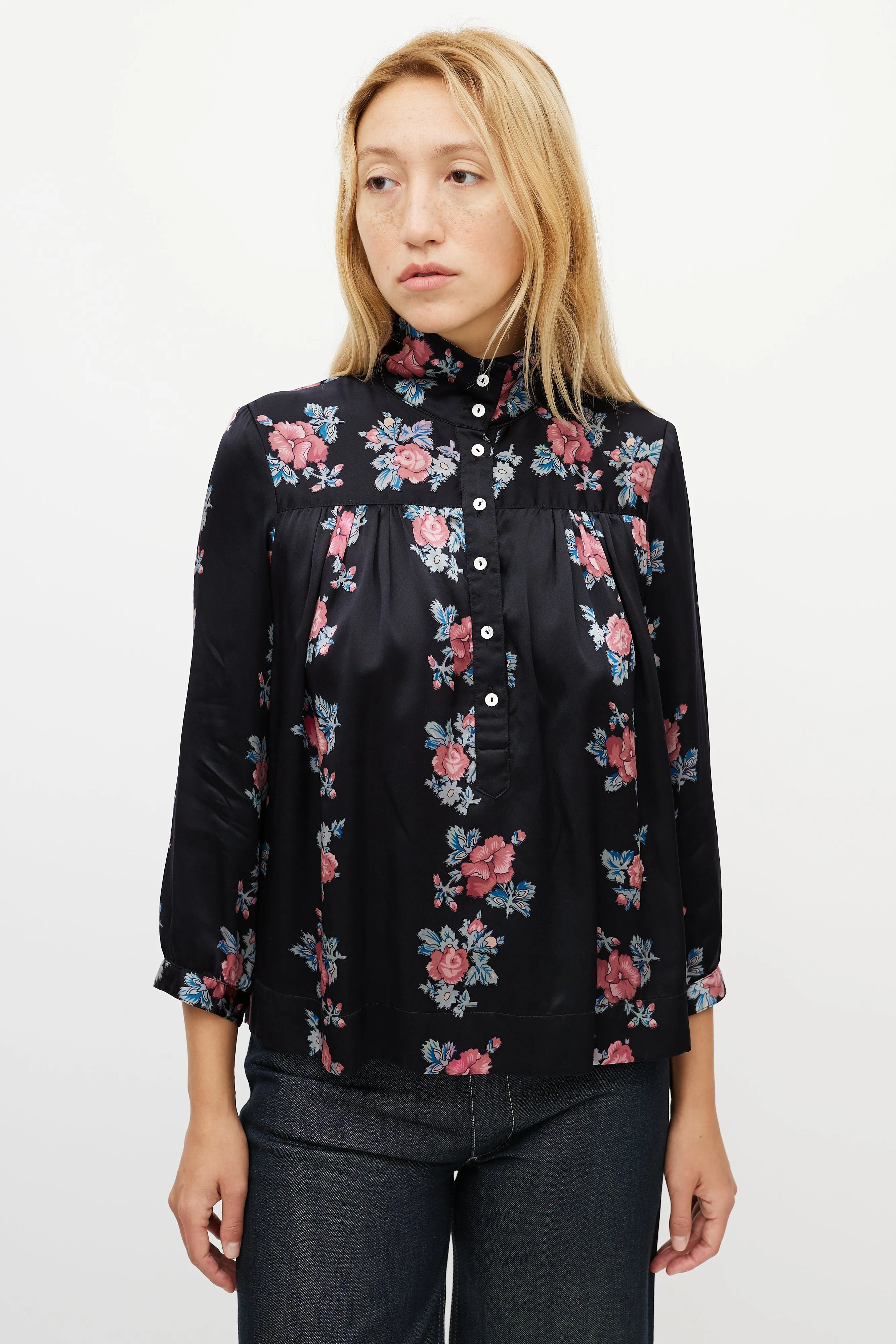 Black & Multicolour Silk Floral Shirt