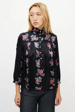 Black & Multicolour Silk Floral Shirt