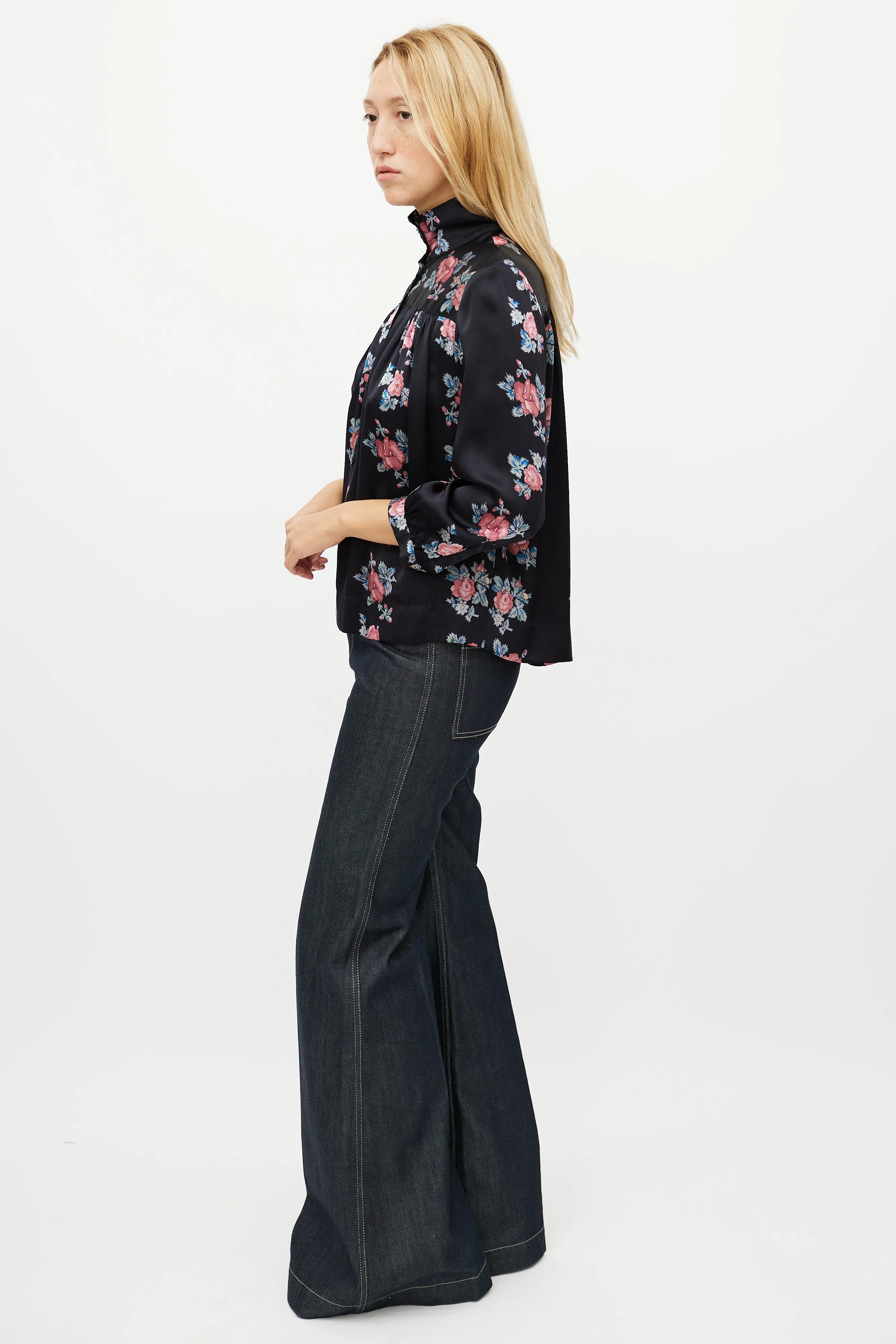 Black & Multicolour Silk Floral Shirt