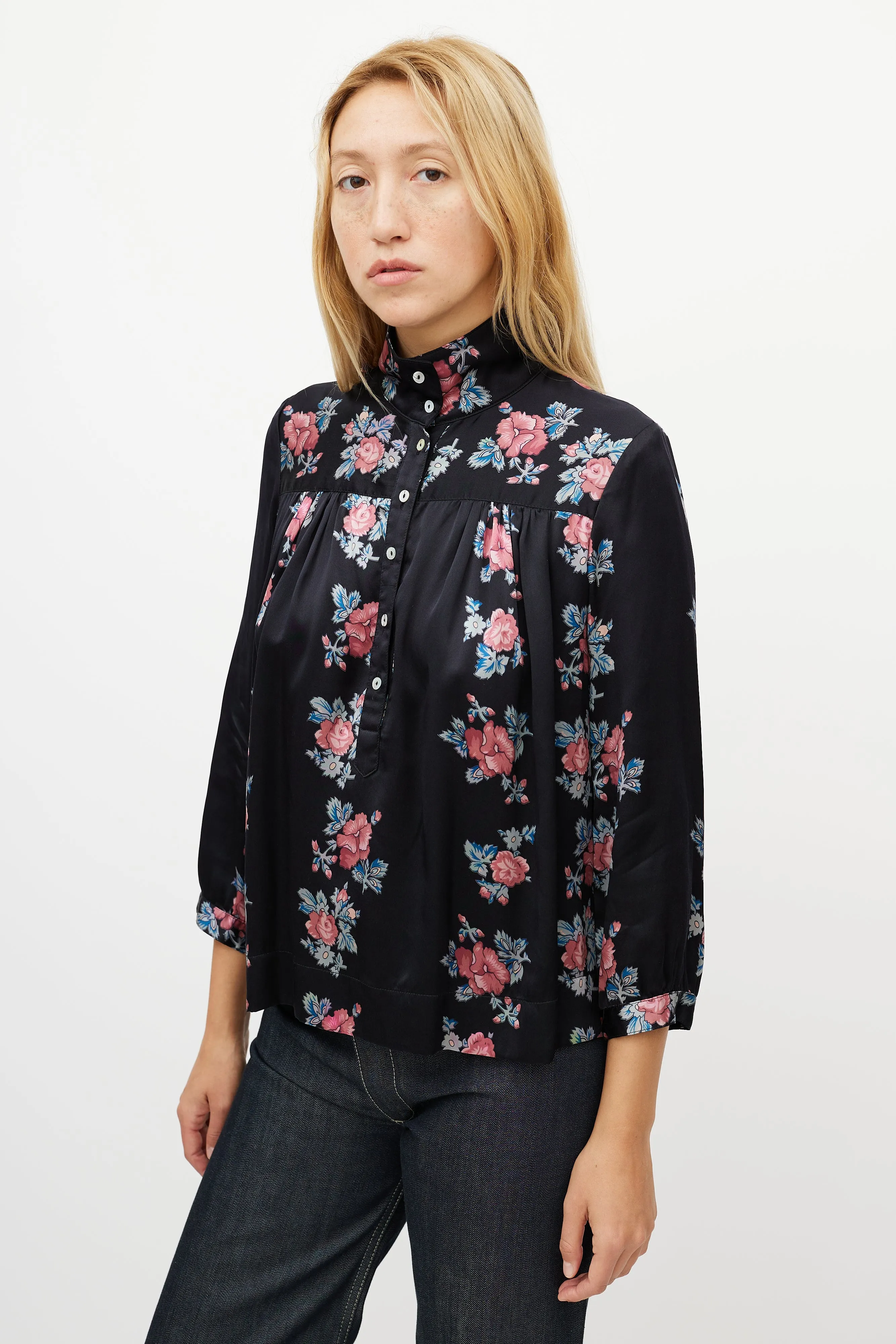 Black & Multicolour Silk Floral Shirt