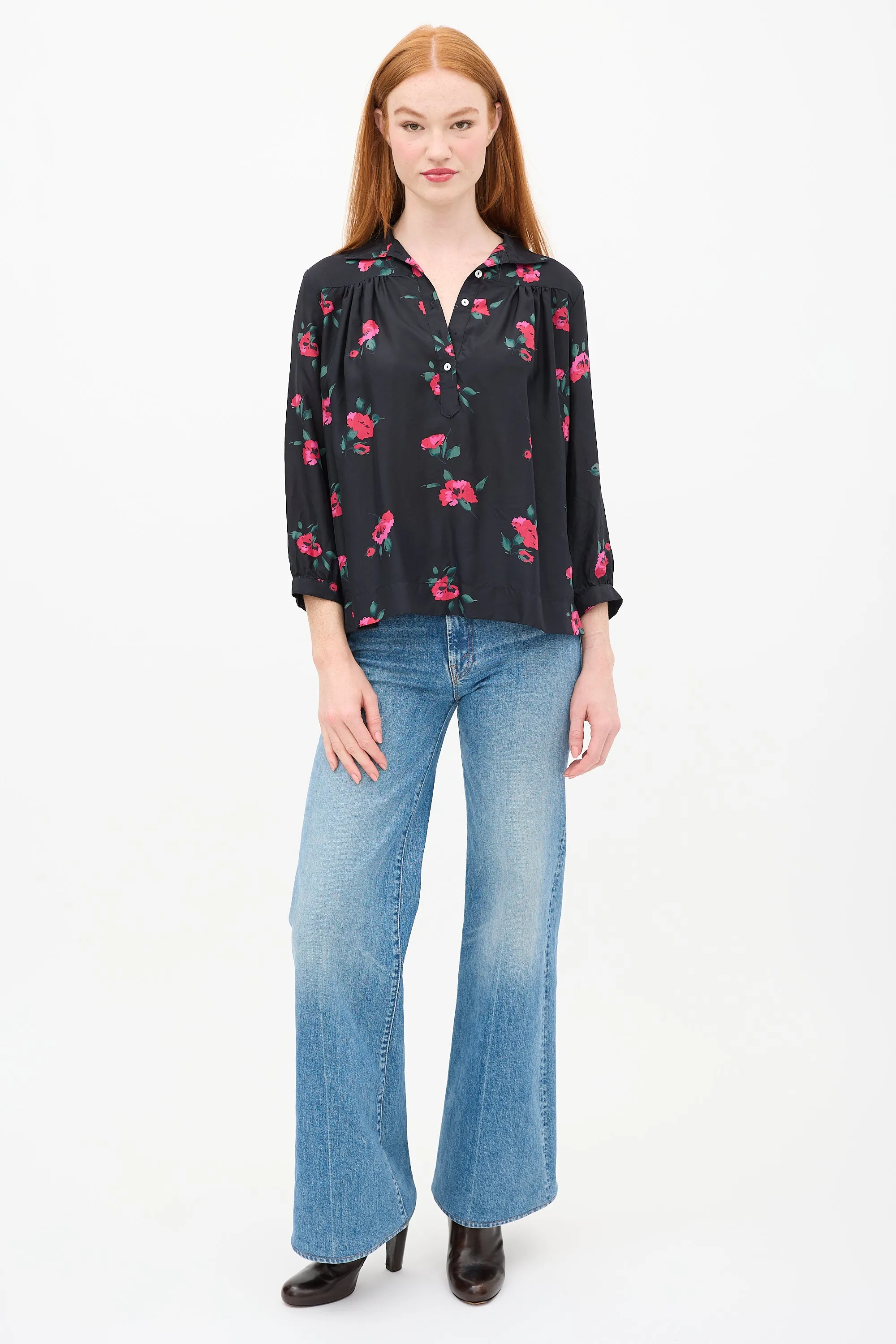 Black & Red Silk Floral Shirt