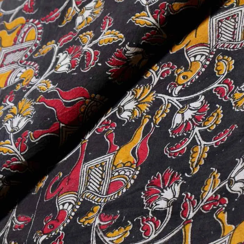 Black Screen Print Kalamkari Inspired Fabric