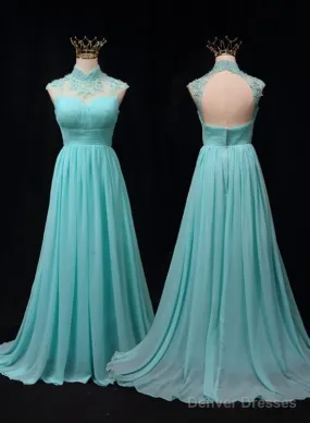 Blue Chiffon Lace And Beaded Cap Sleeves Prom Party Dress, A-Line Chiffon Formal Dress