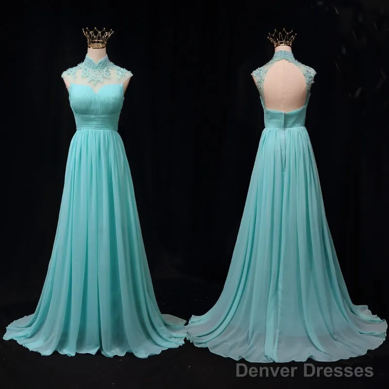 Blue Chiffon Lace And Beaded Cap Sleeves Prom Party Dress, A-Line Chiffon Formal Dress