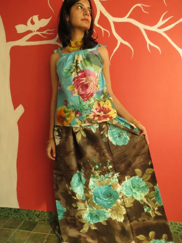 Brown Floral A-line Drawstring Skirt