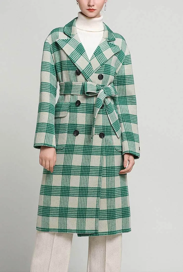 Double Faced Wool & Cashmere Belted Plaid Coat