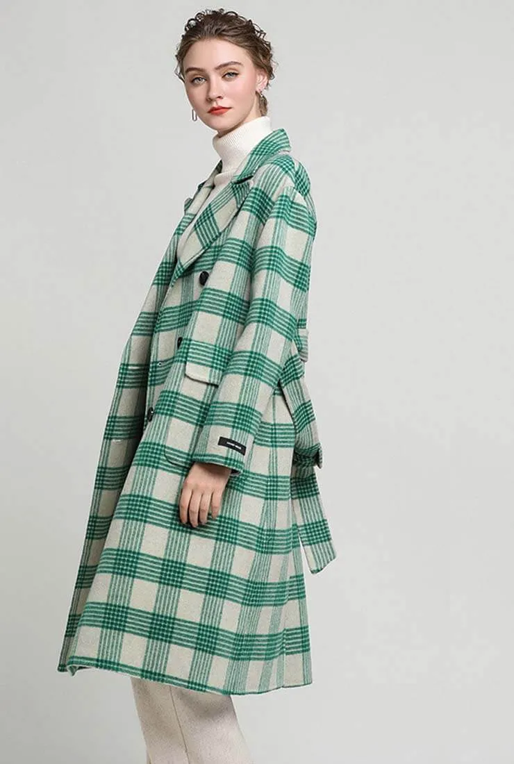 Double Faced Wool & Cashmere Belted Plaid Coat