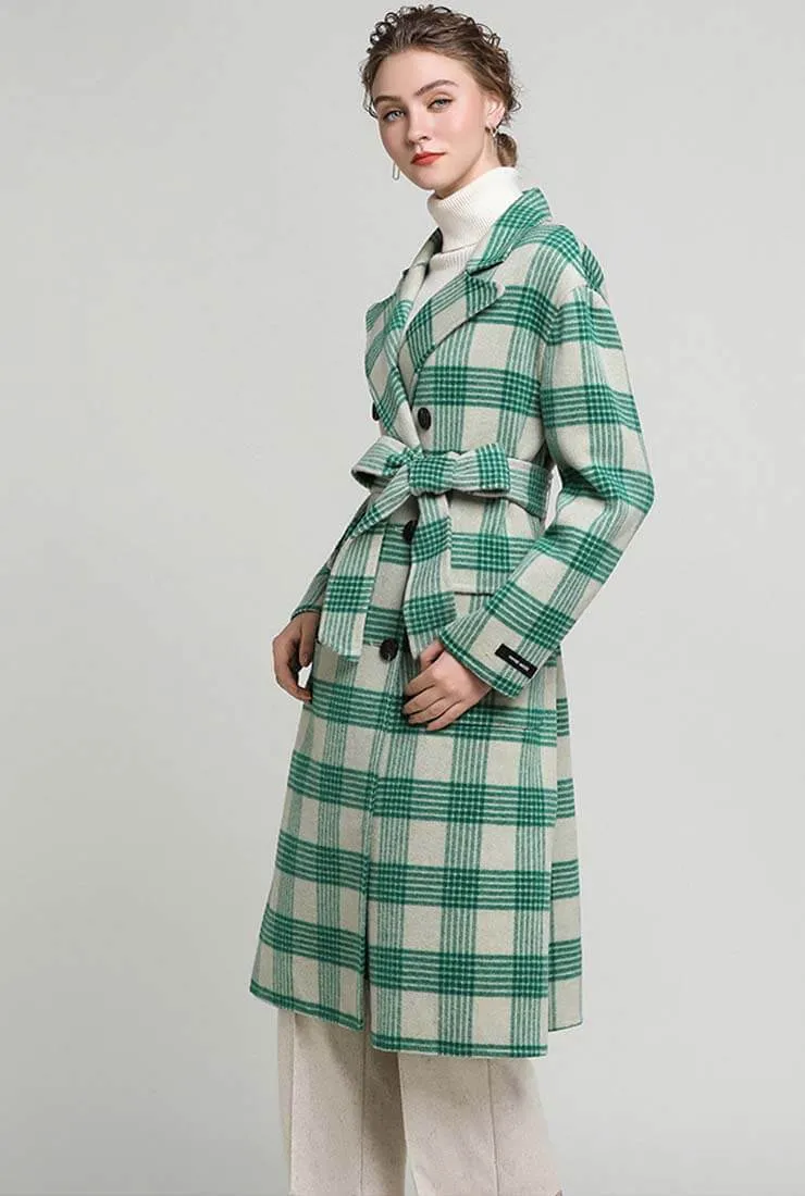 Double Faced Wool & Cashmere Belted Plaid Coat