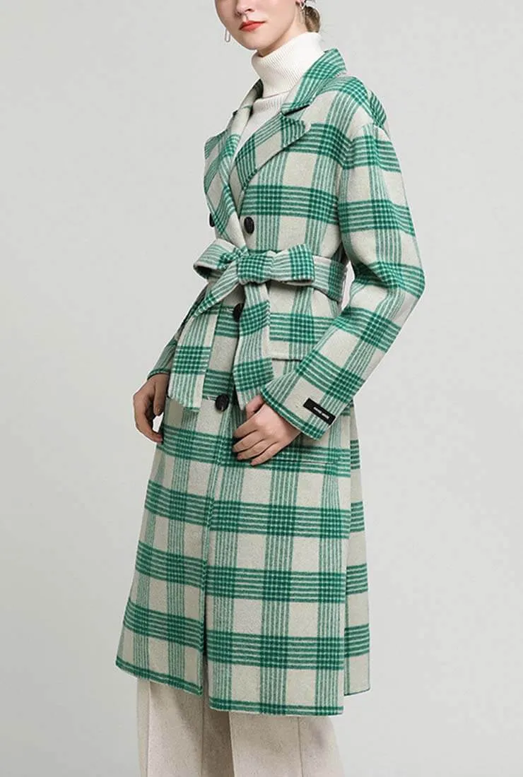 Double Faced Wool & Cashmere Belted Plaid Coat