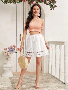 Eyelet Embroidery Frill Drawstring Skirt