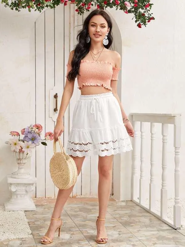 Eyelet Embroidery Frill Drawstring Skirt