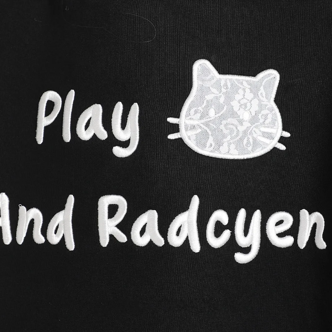 Kawaii Sweet Girl Style Black Cartoon Cat Embroidered Sweatshirt