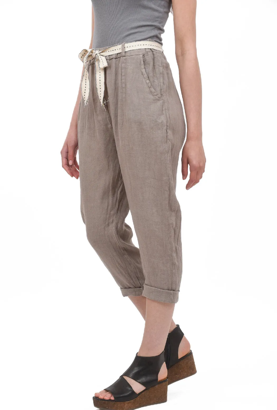 Linen Ribbon-Tie Pant, Taupe