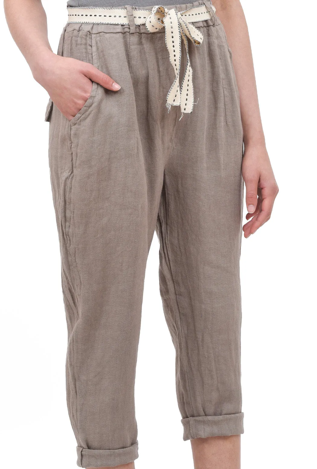 Linen Ribbon-Tie Pant, Taupe