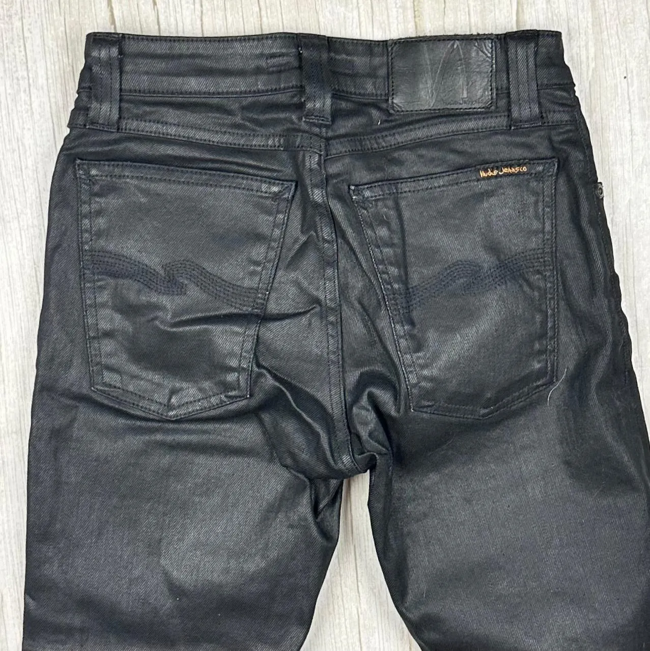 Nudie 'Skinny Sam' Back in Black Wash Coated Denim Jeans- Size 25/32