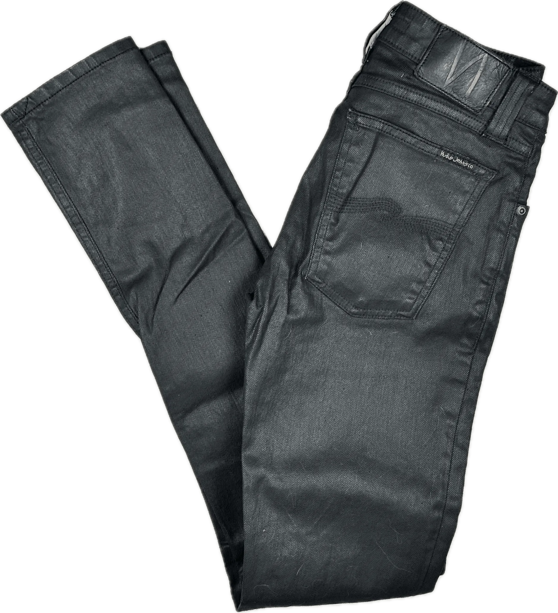 Nudie 'Skinny Sam' Back in Black Wash Coated Denim Jeans- Size 25/32