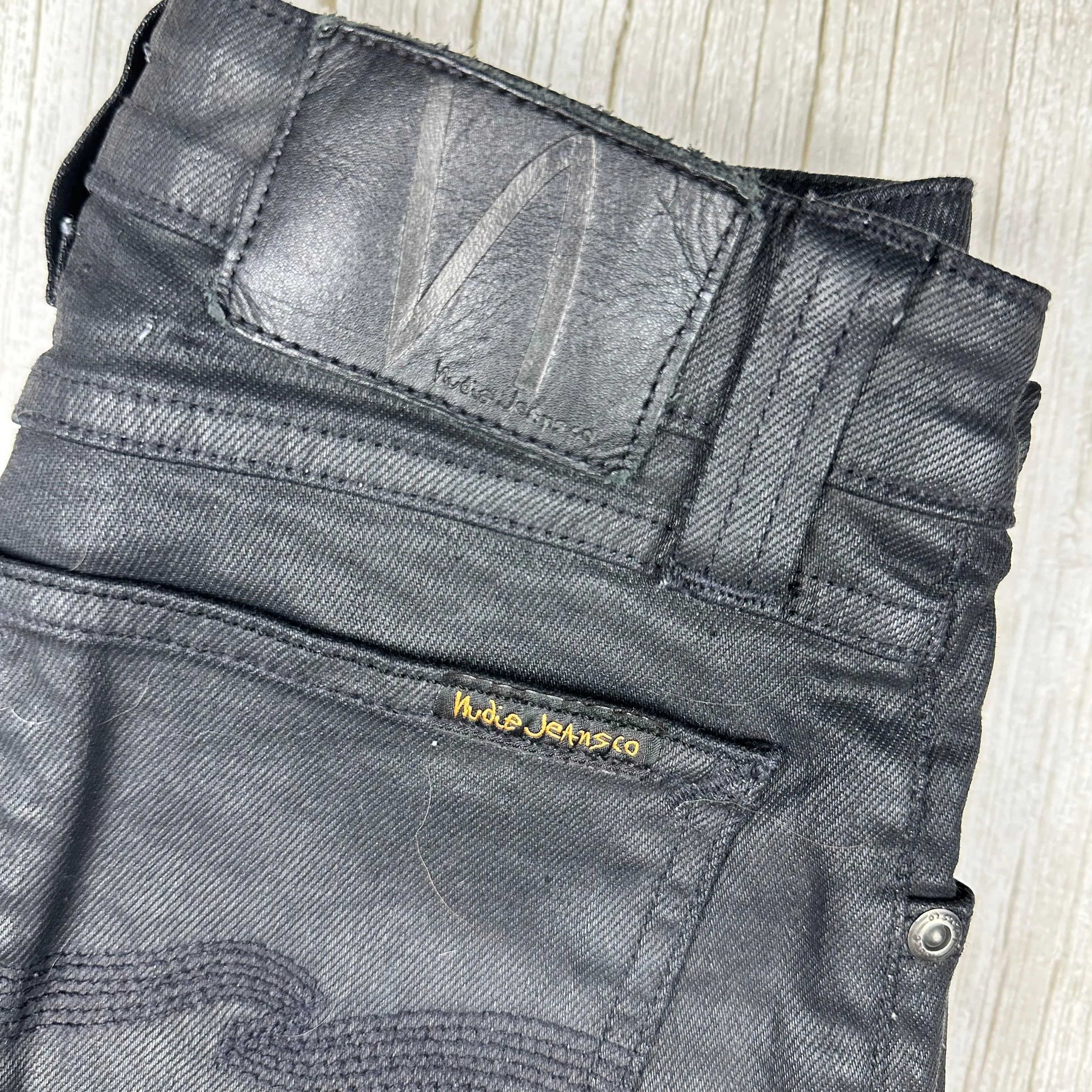 Nudie 'Skinny Sam' Back in Black Wash Coated Denim Jeans- Size 25/32