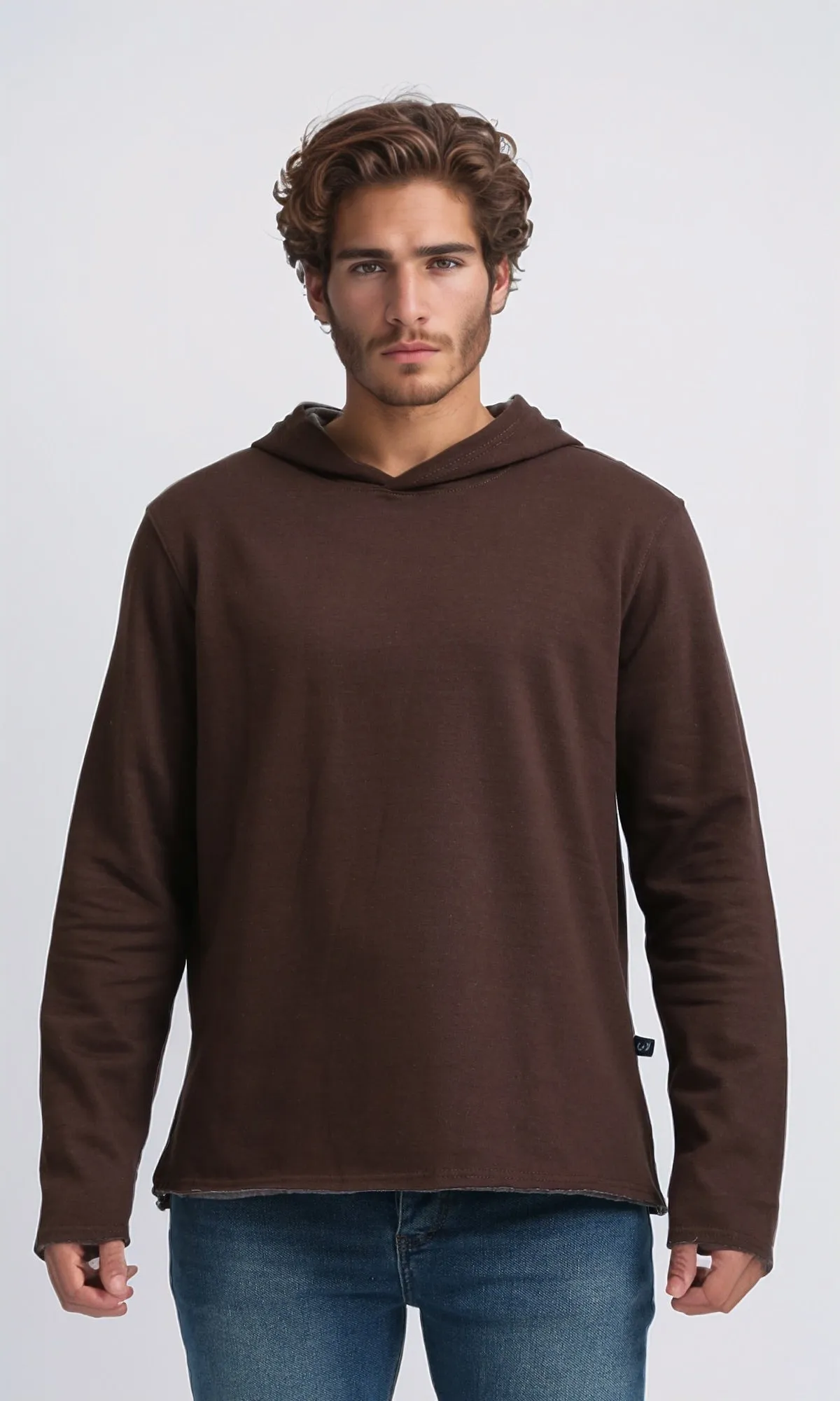 O202945 - Regular Casual Hoodie With Hooded Neck - Brown