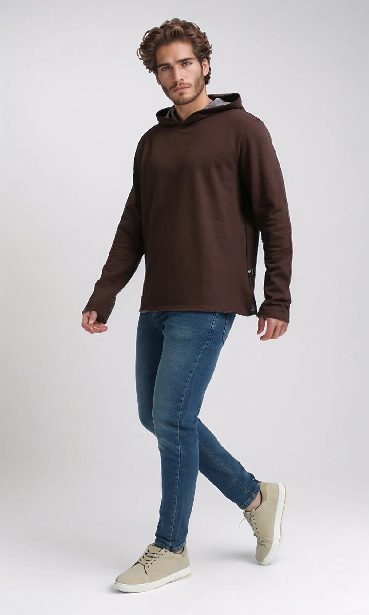 O202945 - Regular Casual Hoodie With Hooded Neck - Brown