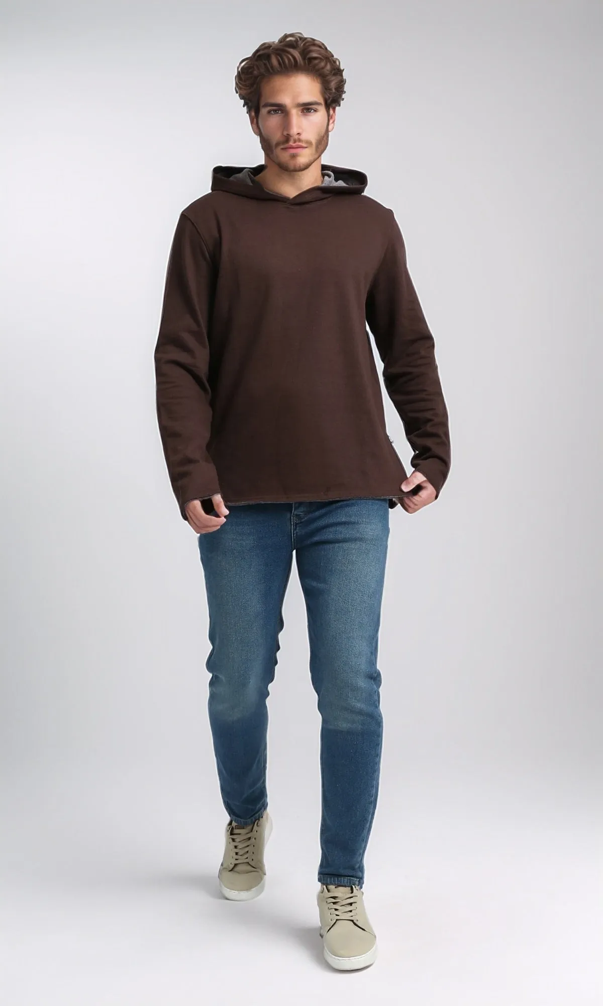 O202945 - Regular Casual Hoodie With Hooded Neck - Brown