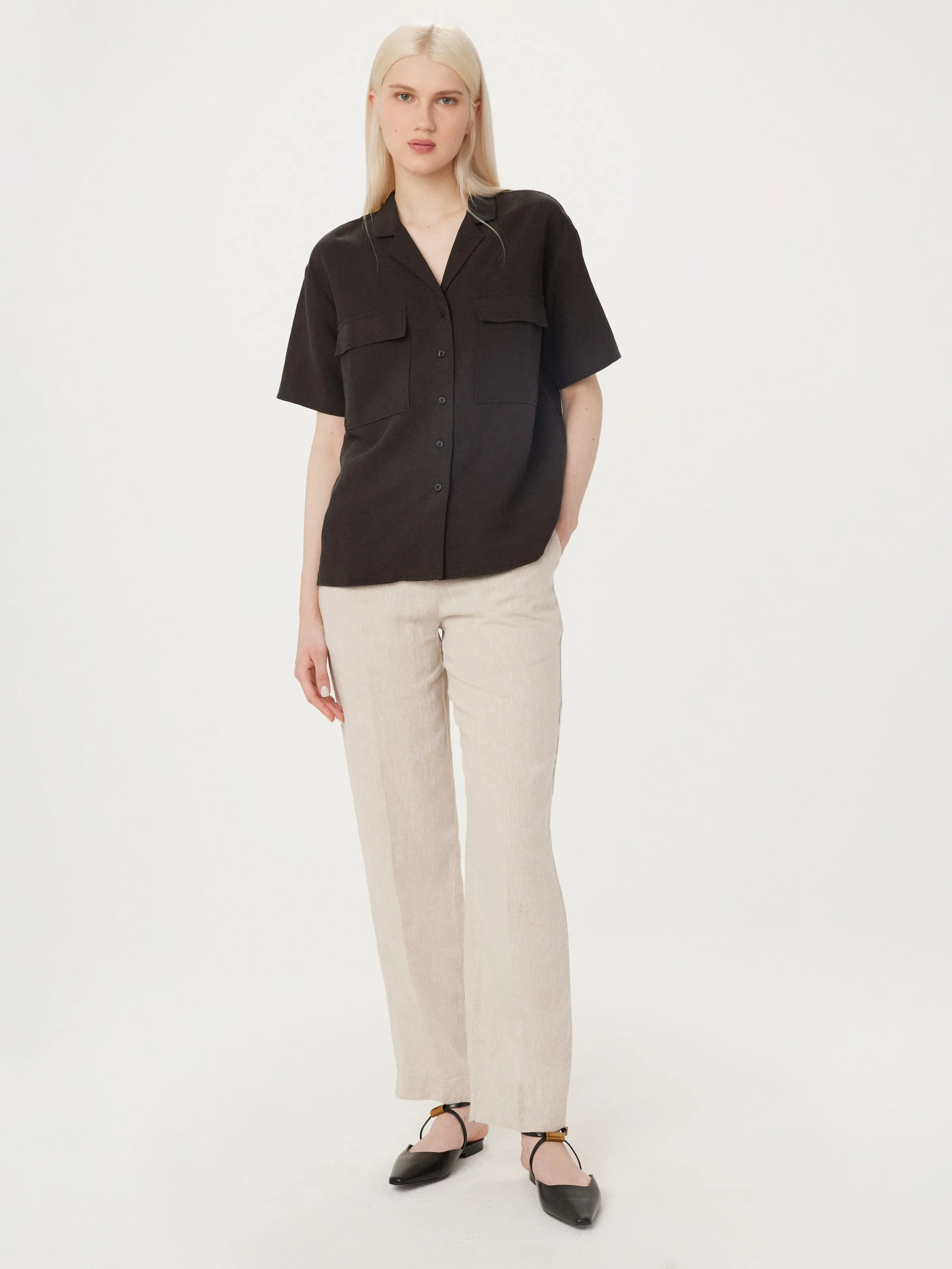 The Loose Camp Collar Blouse in Dark Chocolate