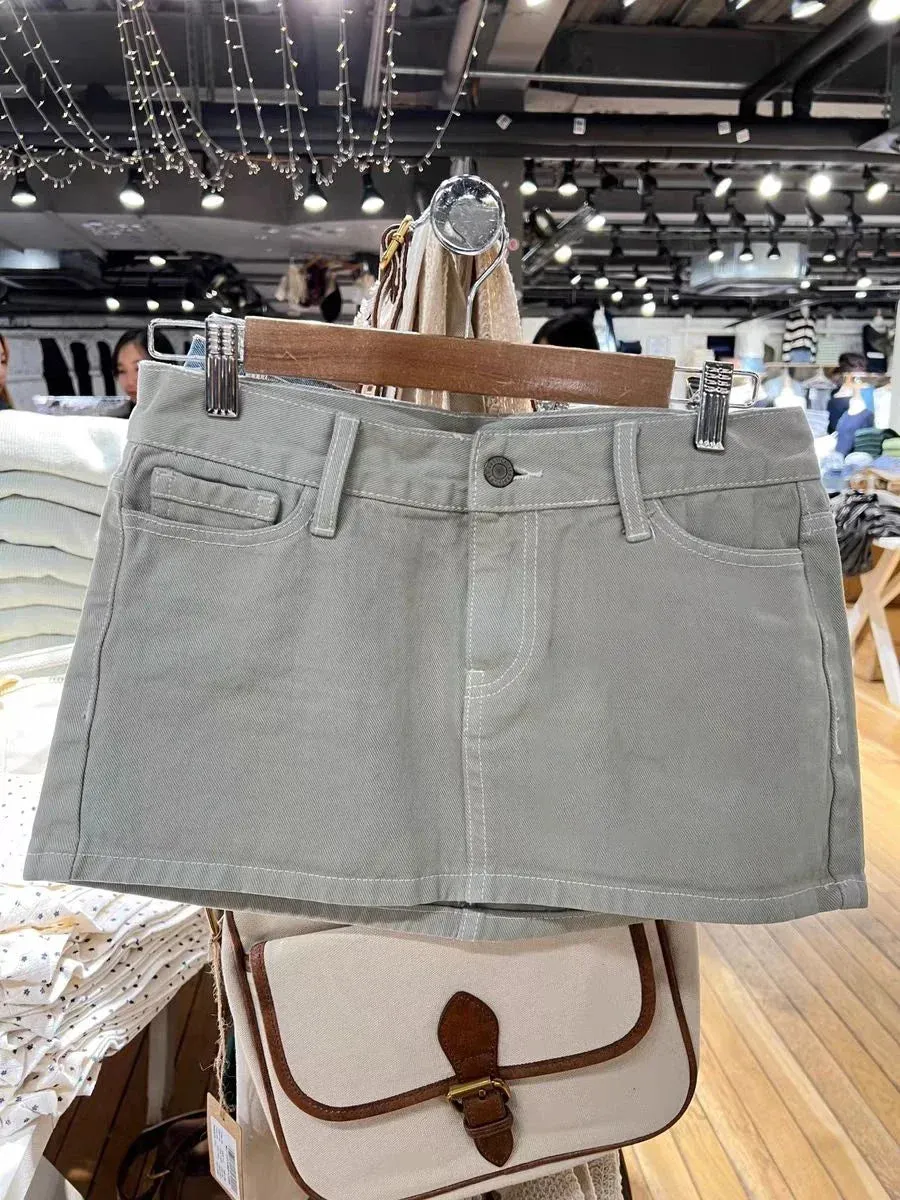 Women Vintage Denim Sexy Low Waist 2024 Fashion Summer Pockets A-line Short Faldas Casual Streetwear Summer Cotton Skirt Y2k