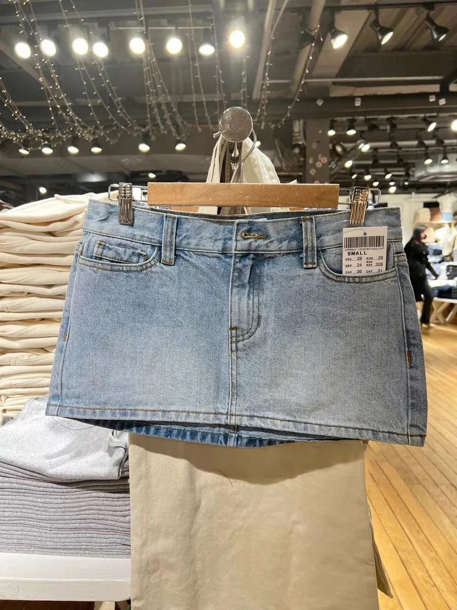 Women Vintage Denim Sexy Low Waist 2024 Fashion Summer Pockets A-line Short Faldas Casual Streetwear Summer Cotton Skirt Y2k