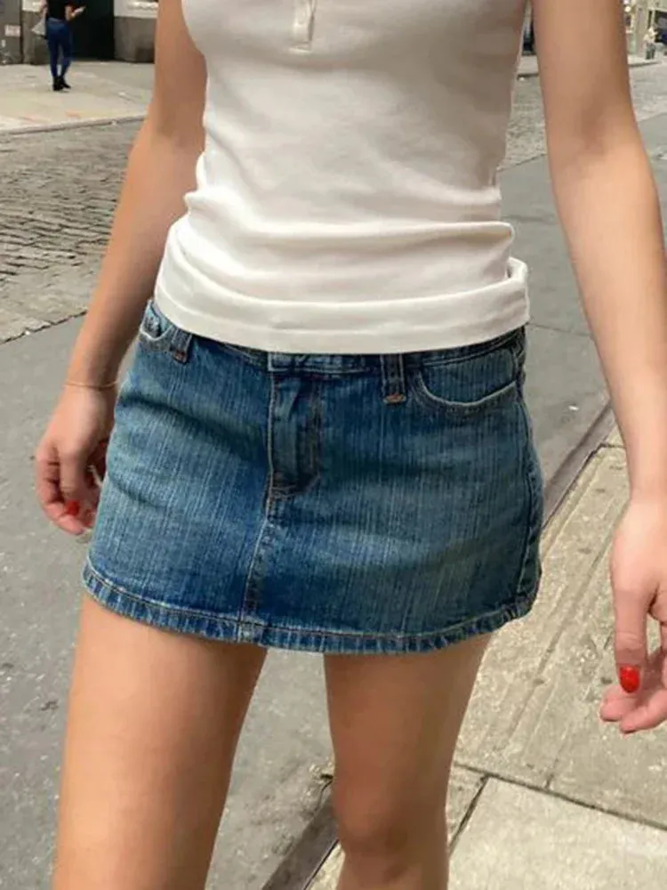 Women Vintage Denim Sexy Low Waist 2024 Fashion Summer Pockets A-line Short Faldas Casual Streetwear Summer Cotton Skirt Y2k