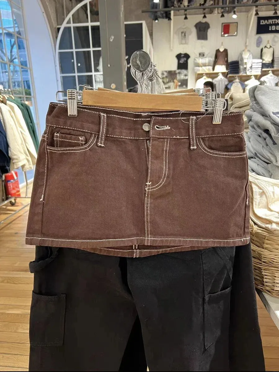 Women Vintage Denim Sexy Low Waist 2024 Fashion Summer Pockets A-line Short Faldas Casual Streetwear Summer Cotton Skirt Y2k