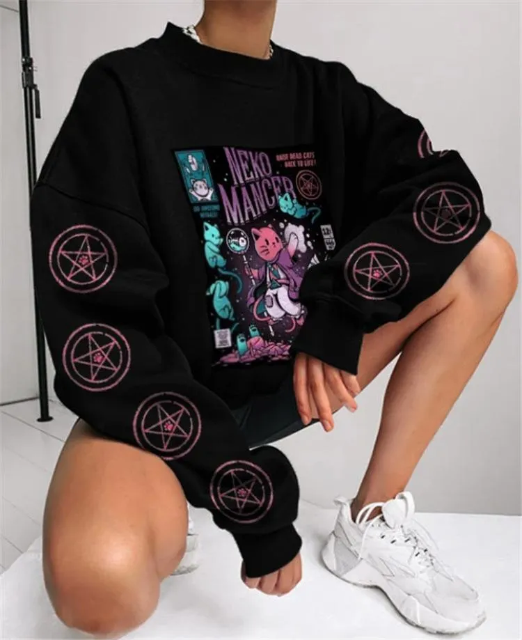 Women's printed long-sleeved round neck loose bottoming sweater