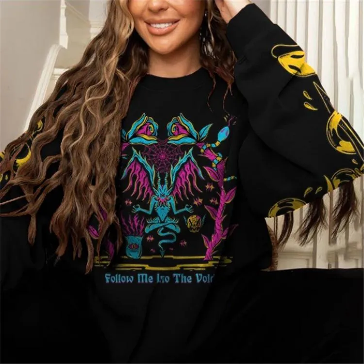 Women's printed long-sleeved round neck loose bottoming sweater